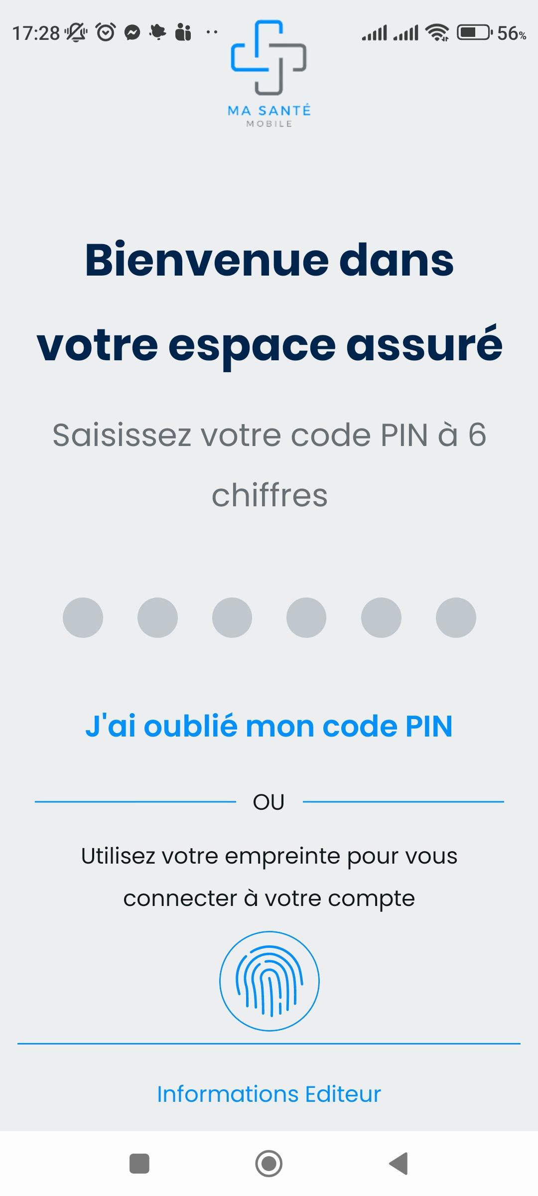 Écran de connexion avec le logo Ma Santé Mobile, code PIN et accès biométrique