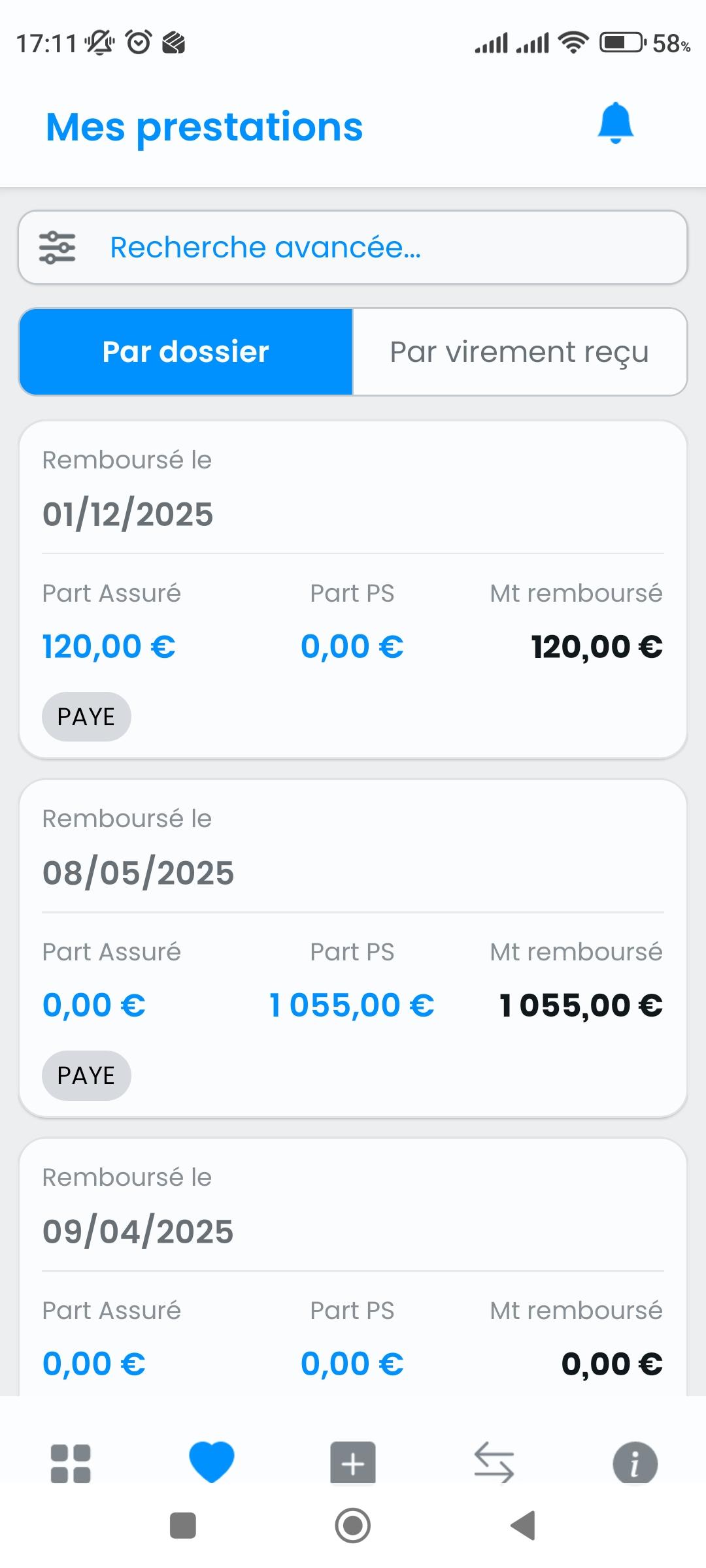 Liste des prestations avec dates, montants remboursés et statut des dossiers, sans nom de personne