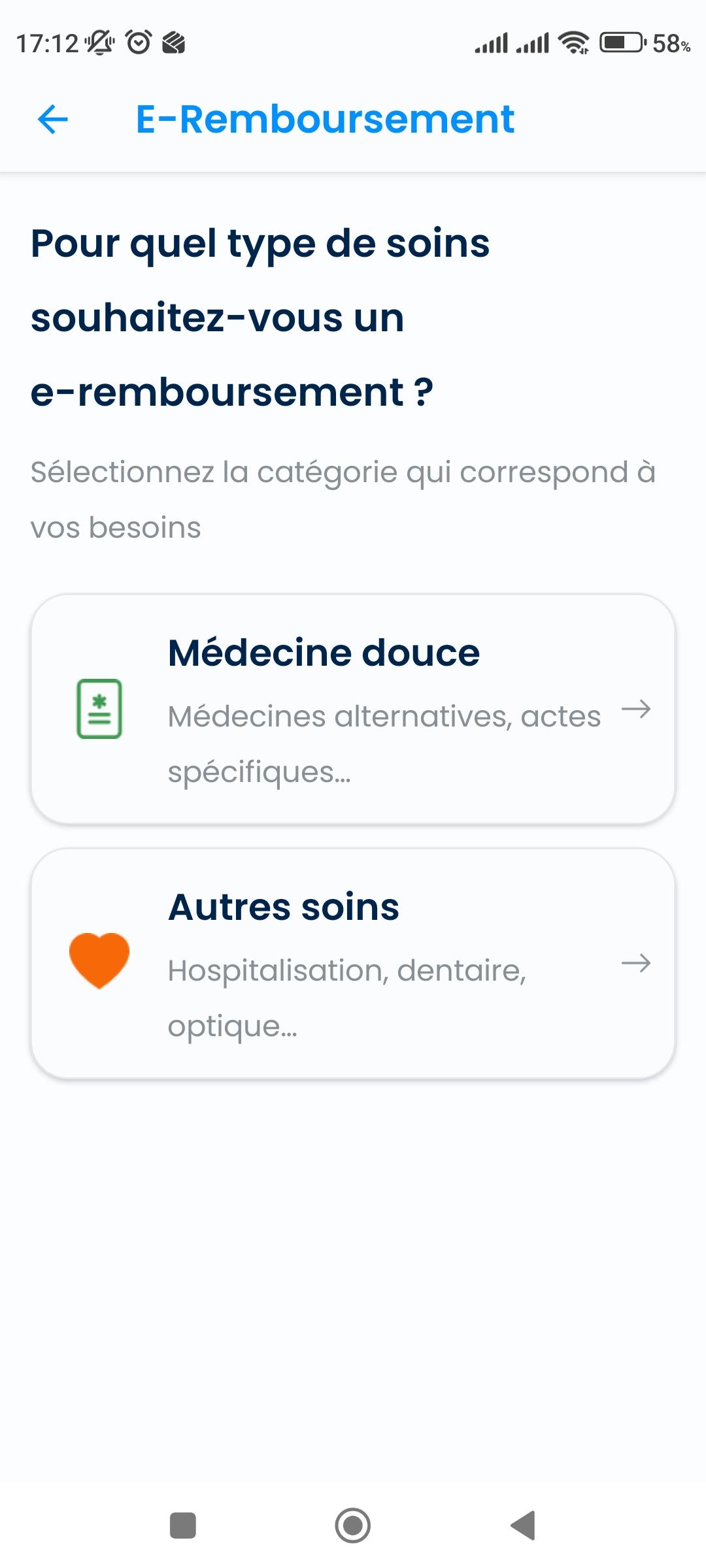 Écran de demande de remboursement proposant les catégories de soins